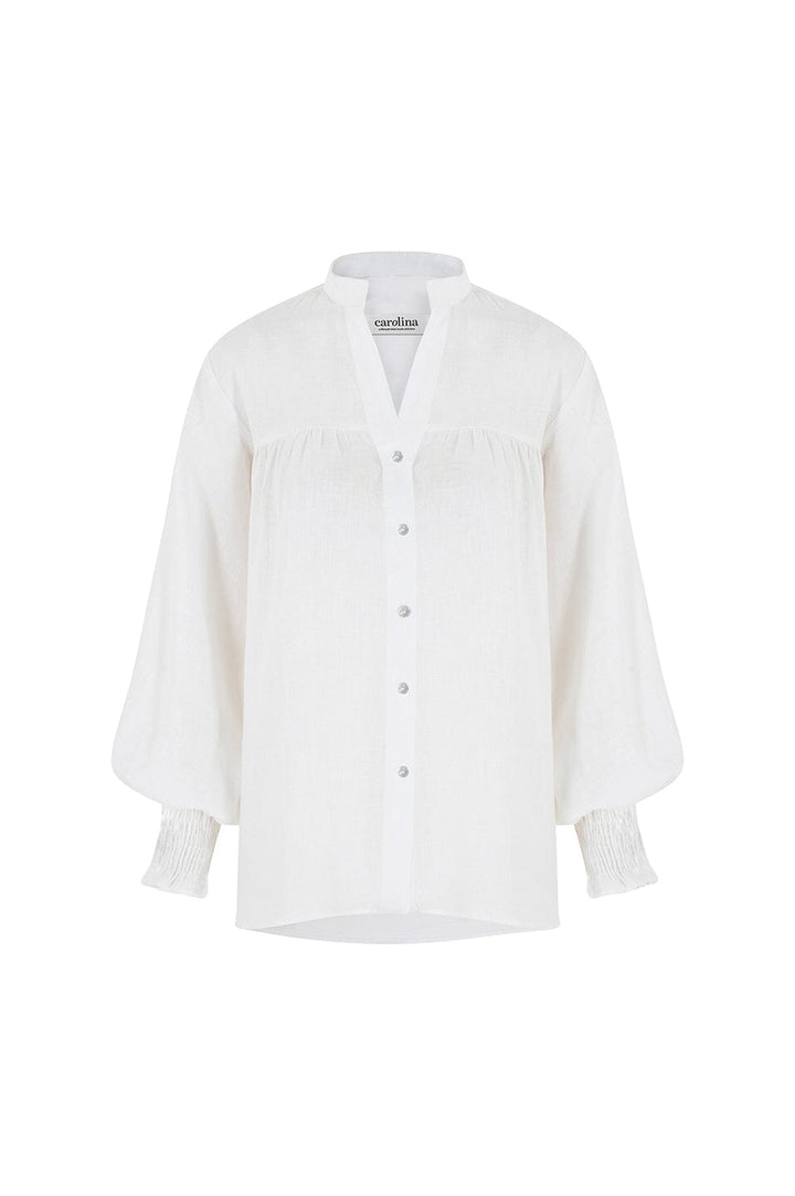Adriana Long Sleeve Linen Top in White Tops