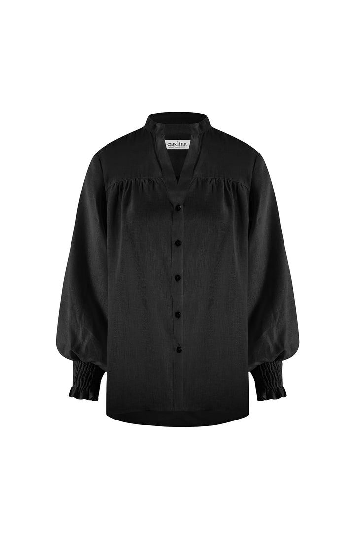 Adriana Long Sleeve Linen Top in Black Tops