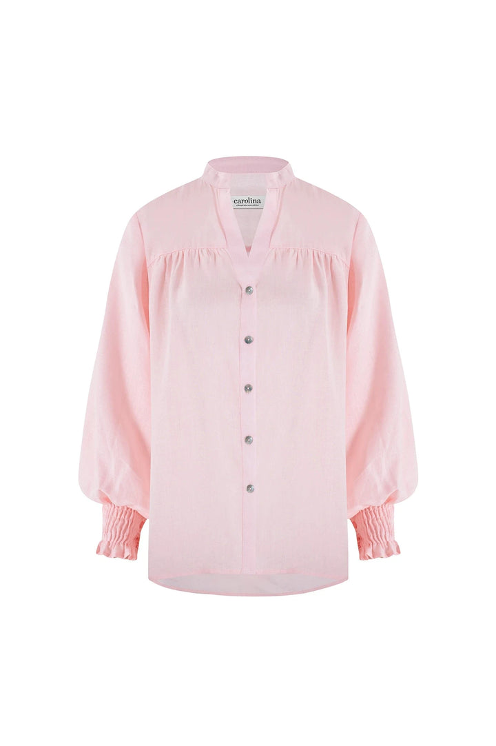Adriana Long Sleeve Linen Top in Blush Tops