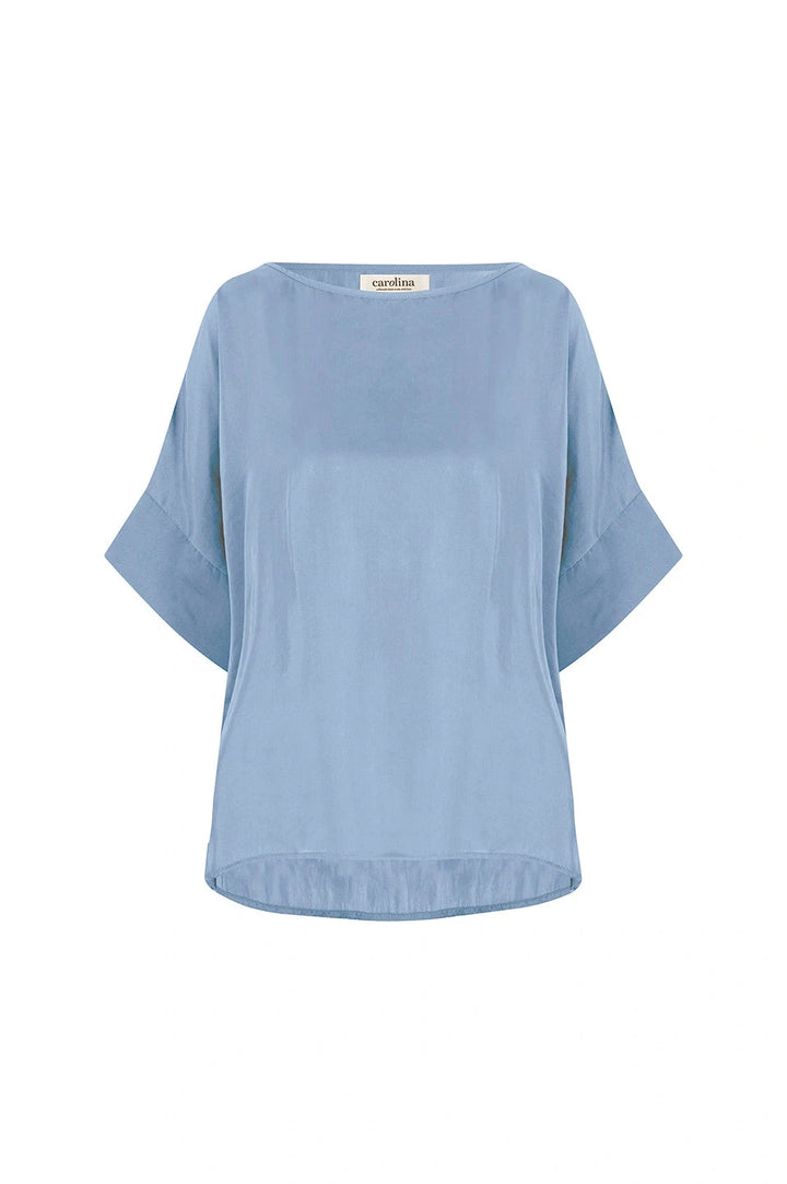 Bianca Short Sleeve Top Blue Grey with Round Neck Tops