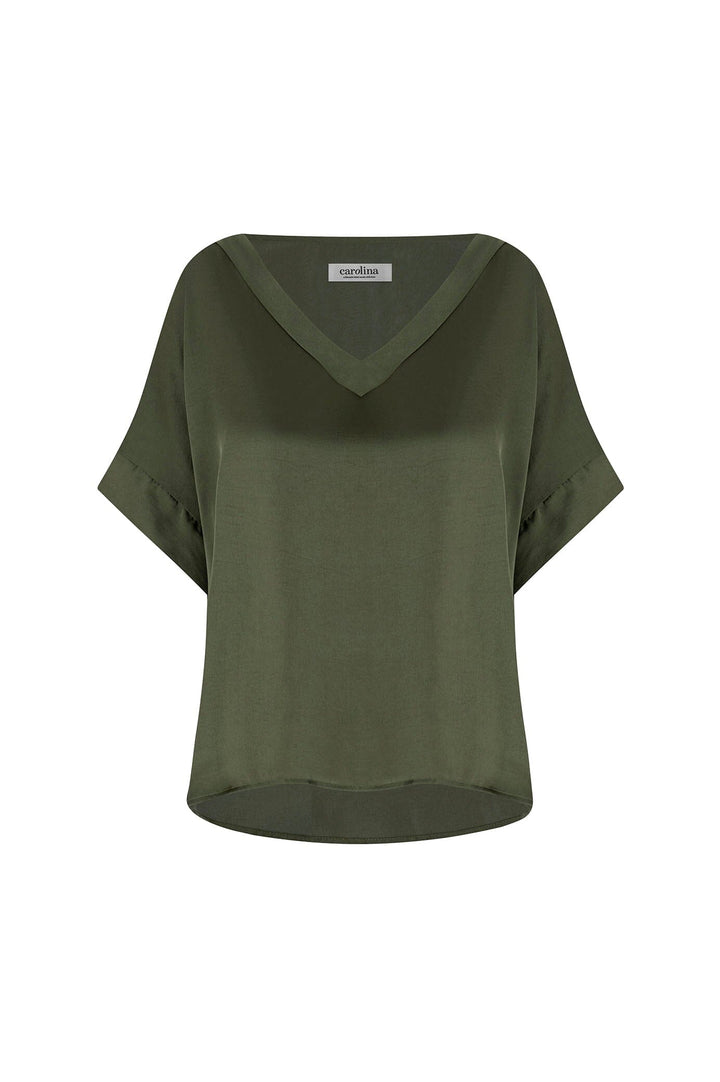 Bianca Short Sleeve Top Olive with V Neck Tops | Short Sleeve