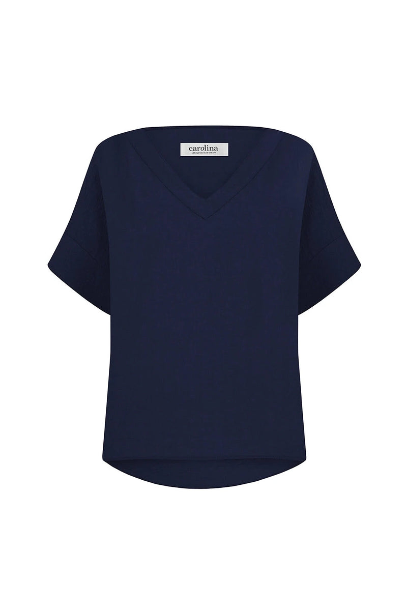 Gemma Short Sleeve V Neck Top Navy Tops