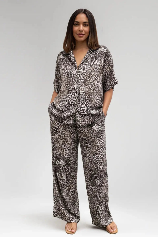 Gia Animal Print Short Sleeve Collared Shirt Tops