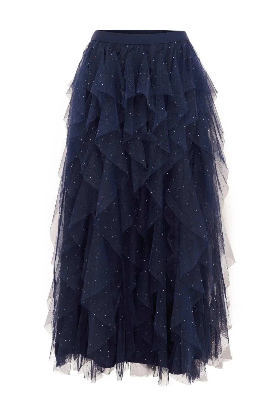Isabella Asymmetrical Ruffle Tulle Maxi Skirt Navy Skirt