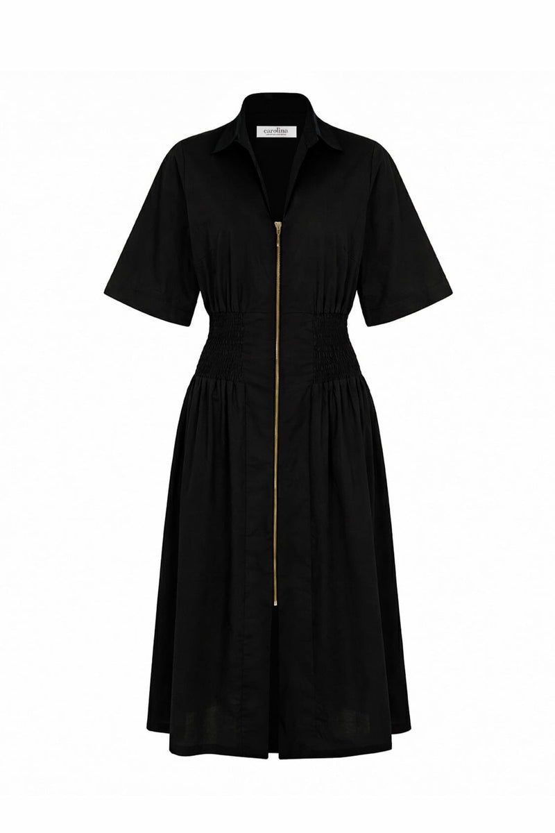 Laura Short Sleeve Smocked Waist Zip Front Midi Dress Black Dress