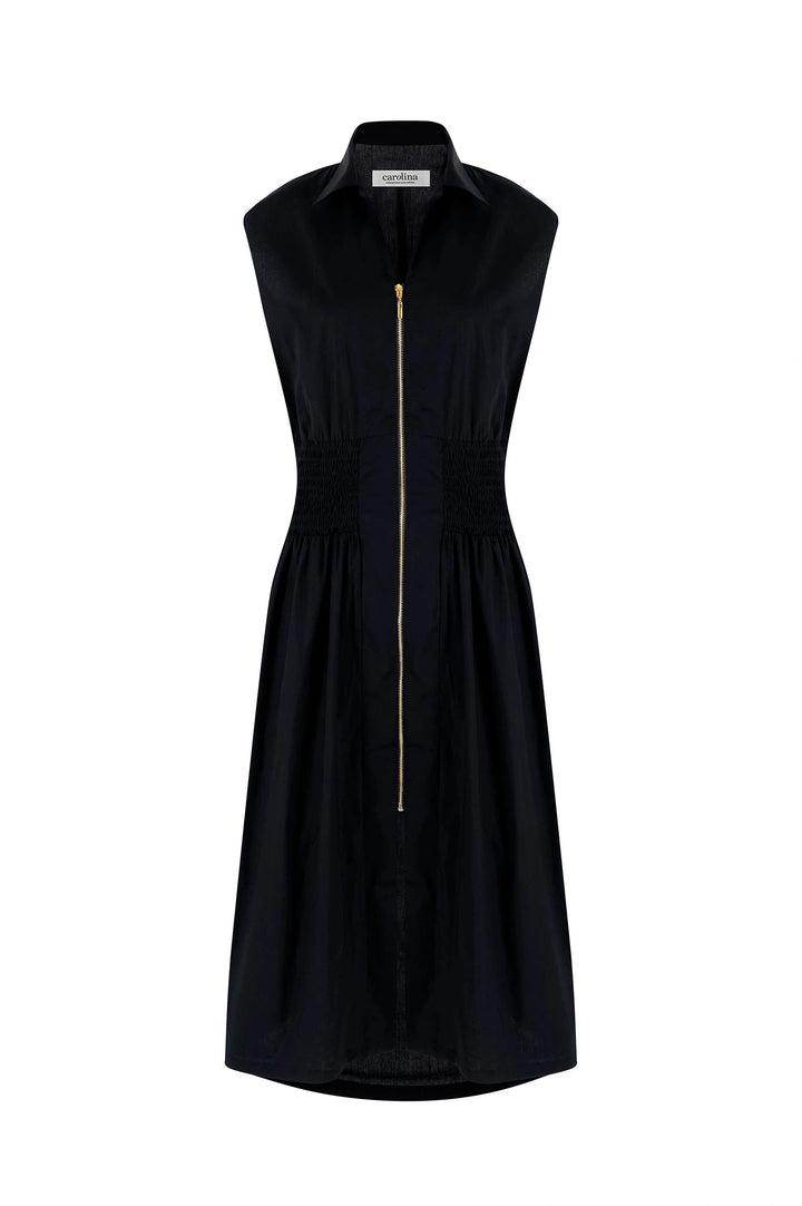 Laura Sleeveless Smocked Waist Zip Front Midi Dress Black Dress