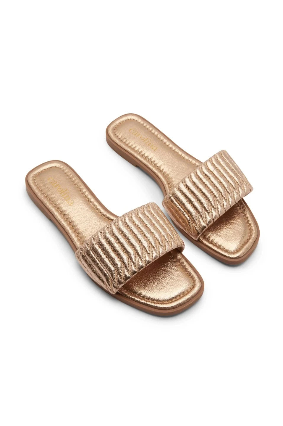 Metallic Slides Marcelina Metallic Slides Rose Gold – Pleated Strap Slides – Carolina