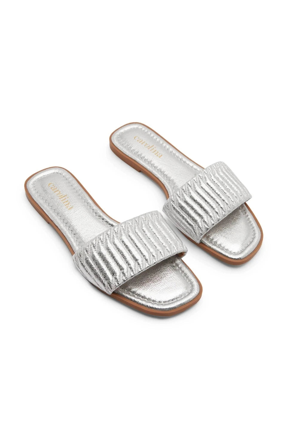 Metallic Slides Marcelina Metallic Slides Silver – Pleated Strap Slides – Carolina