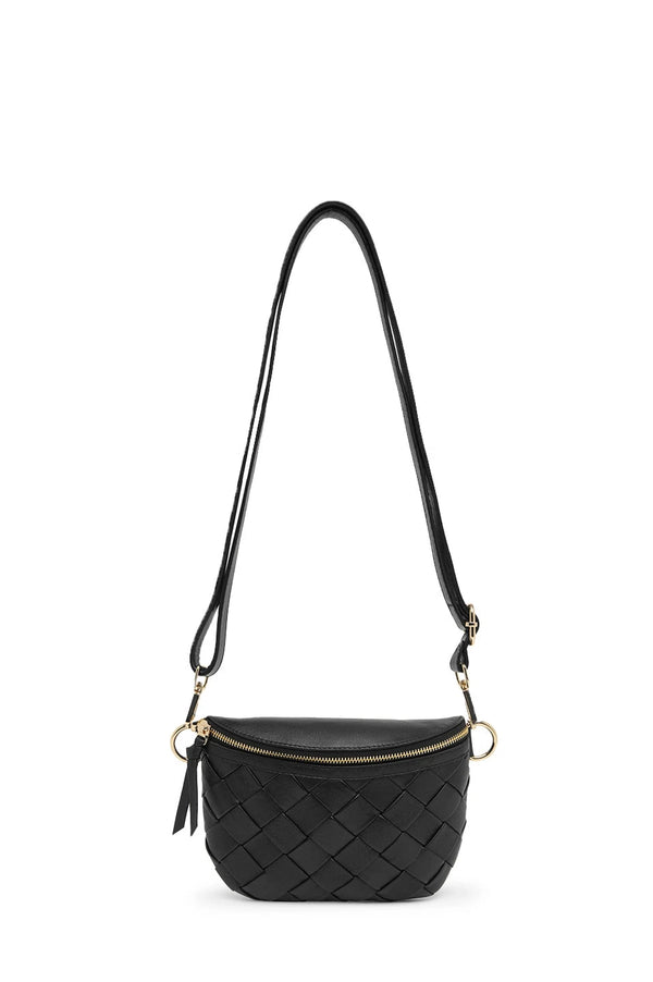 Ramona Small Woven Leather Crossbody Bag Black with Pocket Leather