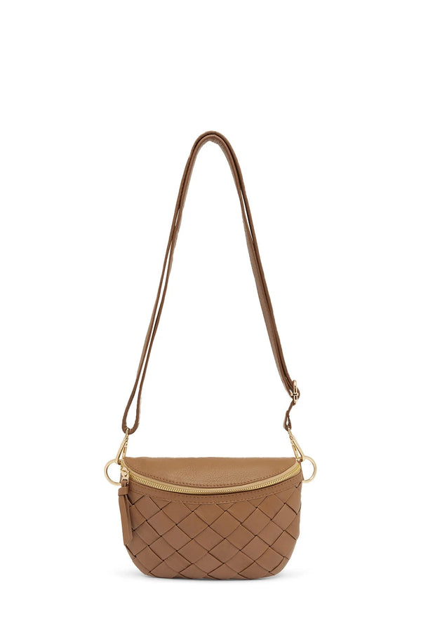 Ramona Small Woven Leather Crossbody Bag Tan with Pocket Leather