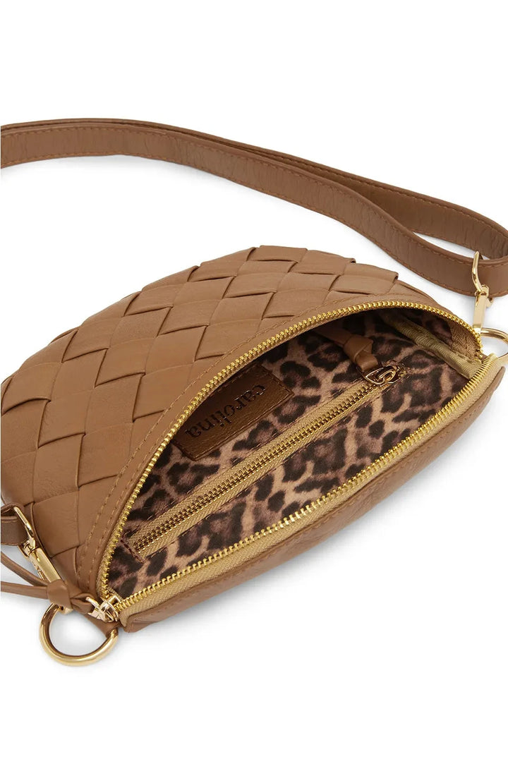 Ramona Small Woven Leather Crossbody Bag Tan with Pocket Leather