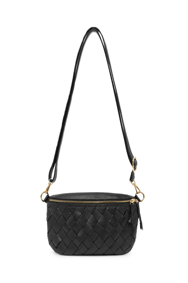 Ramona Woven Leather Crossbody Bag Black with Pocket Leather