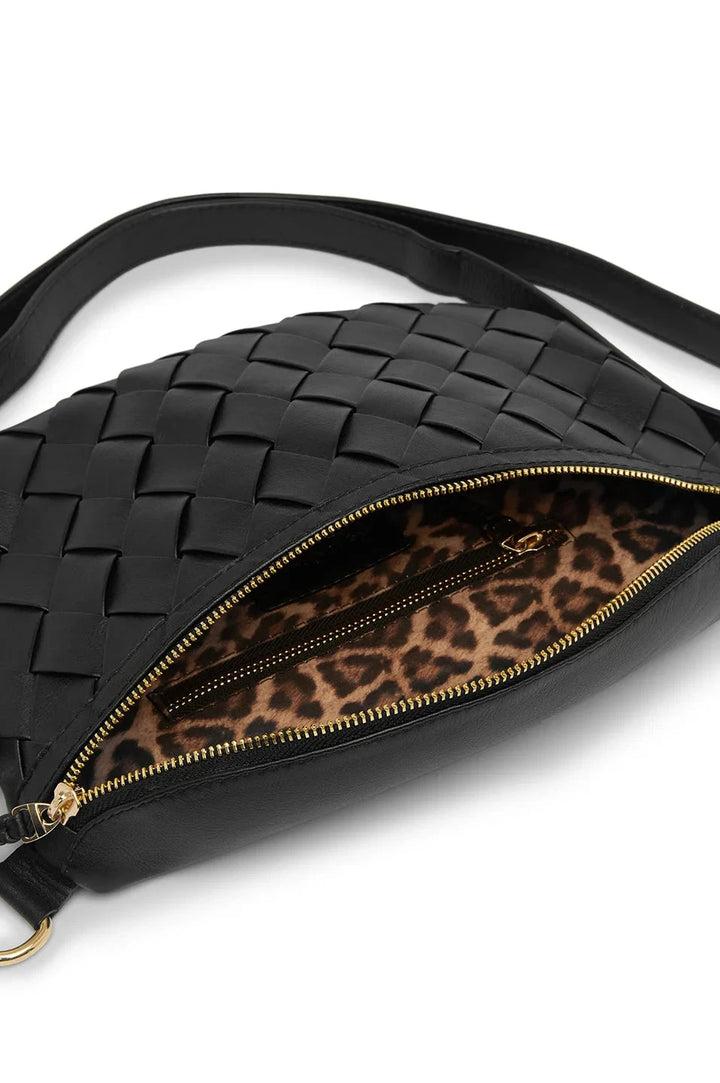 Ramona Woven Leather Crossbody Bag Black with Pocket Leather