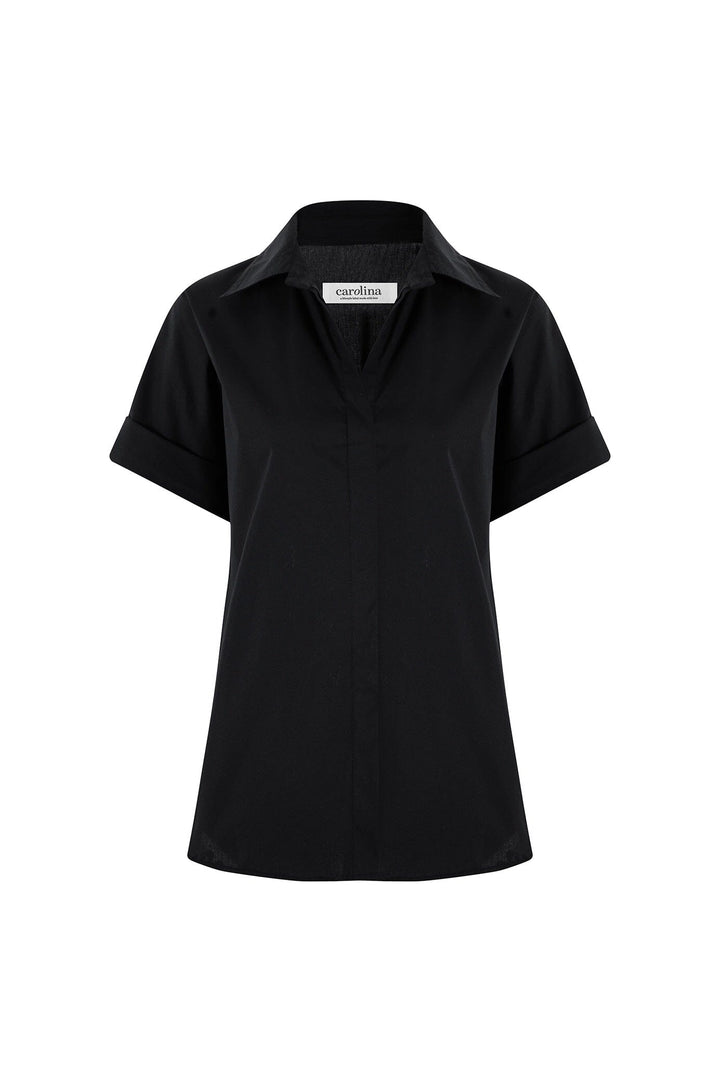Tia Short Sleeve Cotton Top in Black Tops
