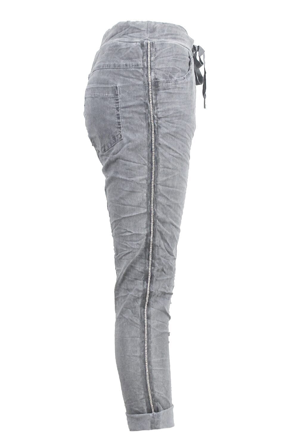 Rhinestone Side Stripe Crinkle Jogger Grey Pants