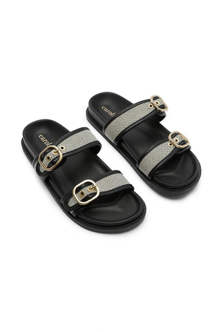 Sabrina Double Strap Slide with Gold Buckle in Black Shoes