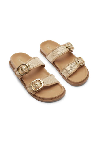Sabrina Double Strap Slide with Gold Buckle in Tan Shoes