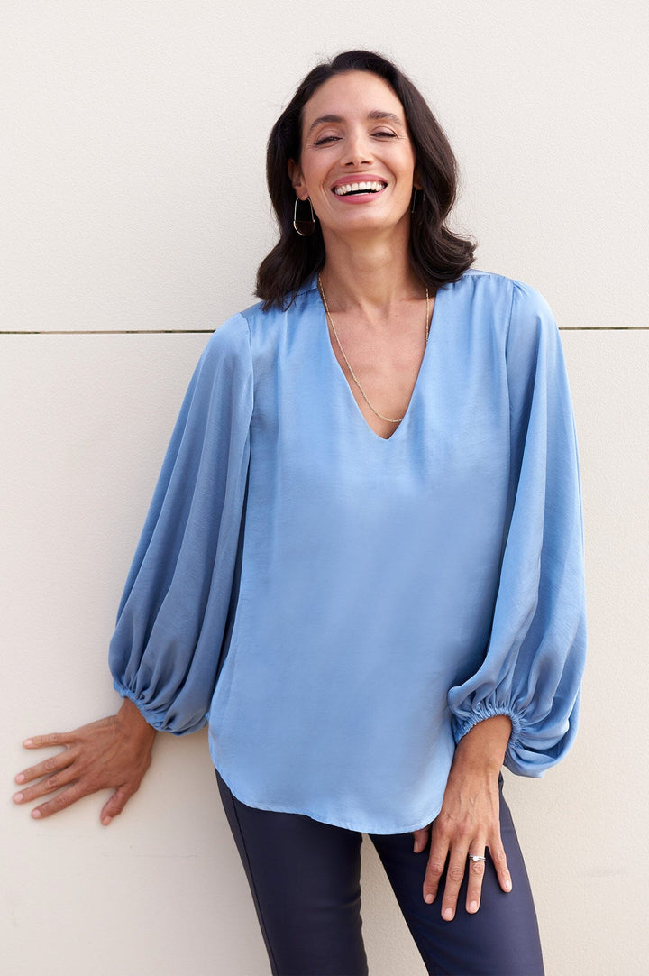 Sovana V-Neck Long Sleeve Top Blue Grey Tops