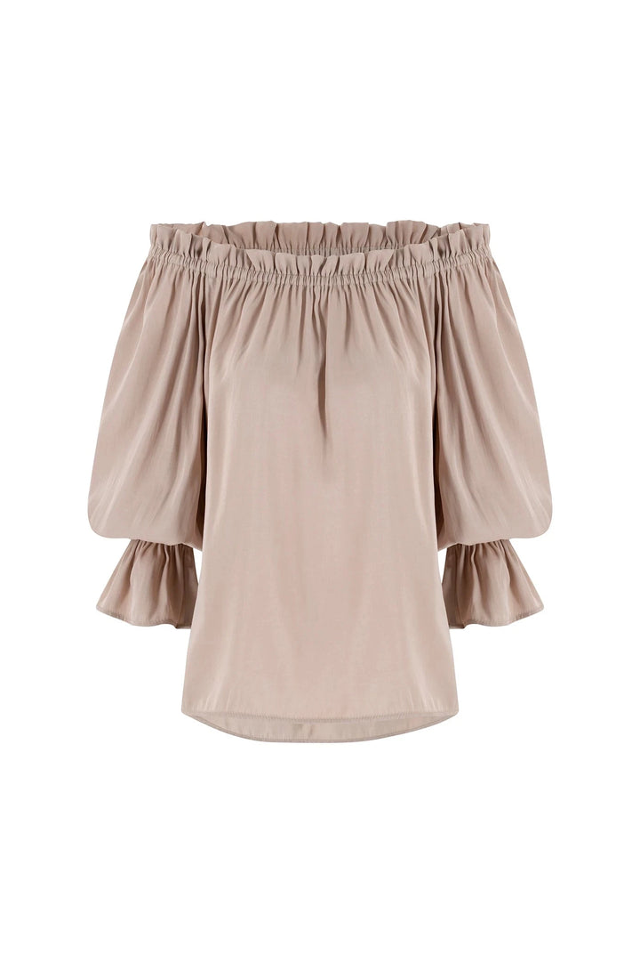 Vittoria Frill Trim Off Shoulder Long Sleeve Top Taupe Tops
