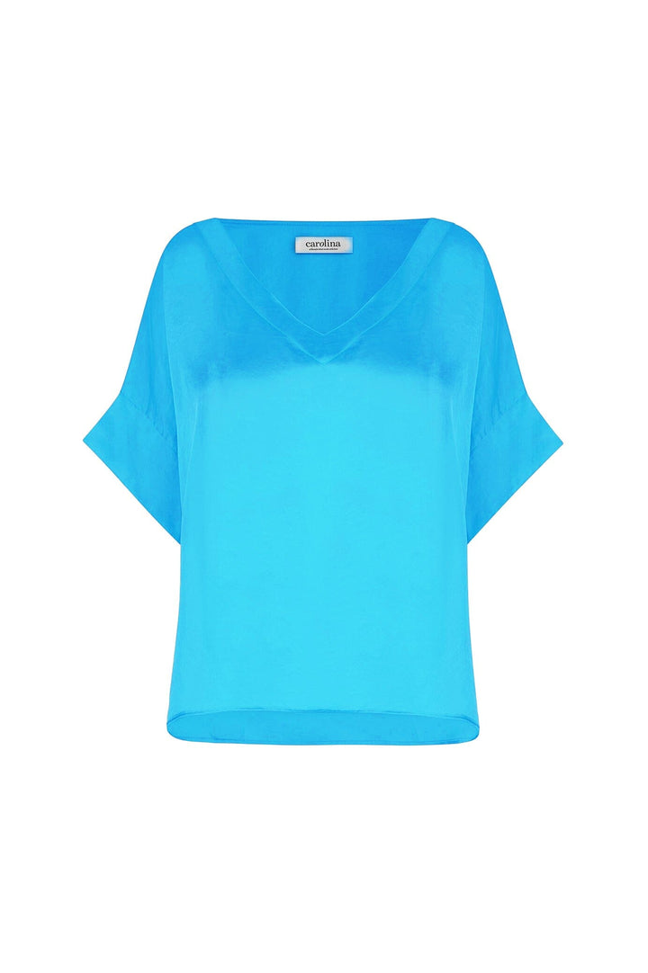 Bianca Short Sleeve Top Capri Blue with V Neck Tops