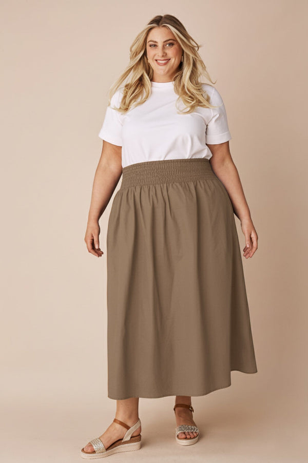 Brooke Smocked Waist Midi A-Line Skirt Camel - Pre Order Skirt