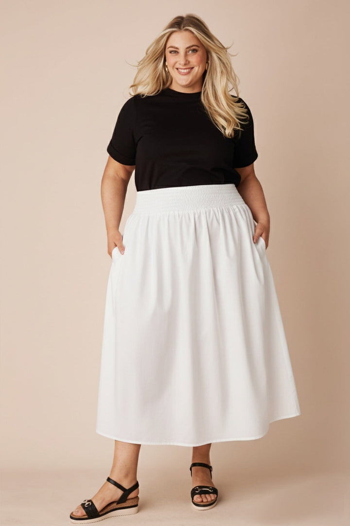 Brooke Smocked Waist Midi A-Line Skirt White Skirt