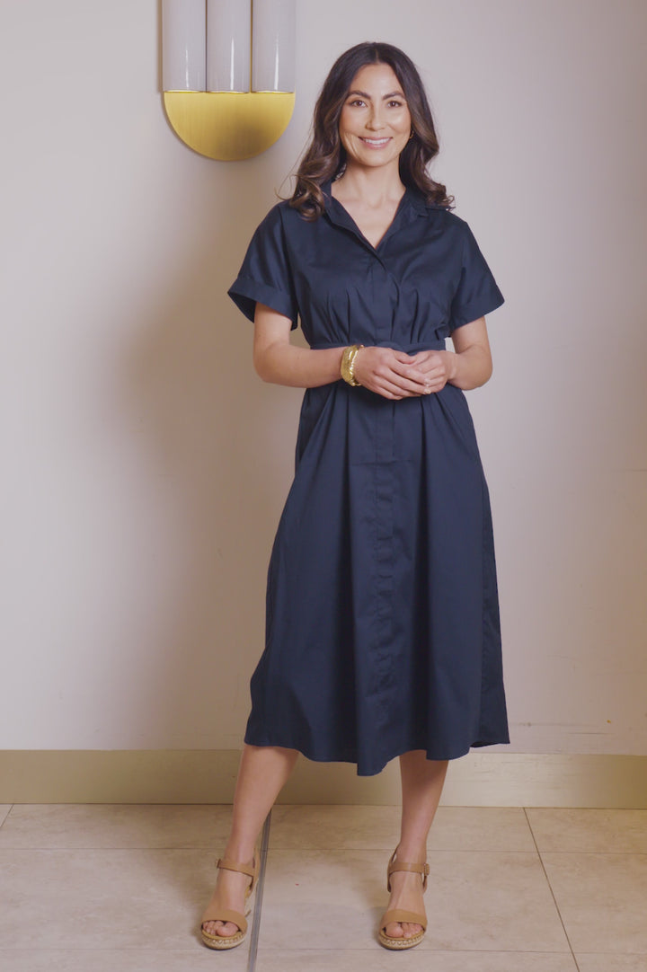 Celia Short Sleeve Midi Dress Navy product video from Carolina