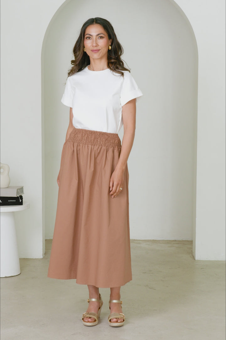 Brooke Smocked Waist Midi A-Line Skirt Camel product video by Carolina