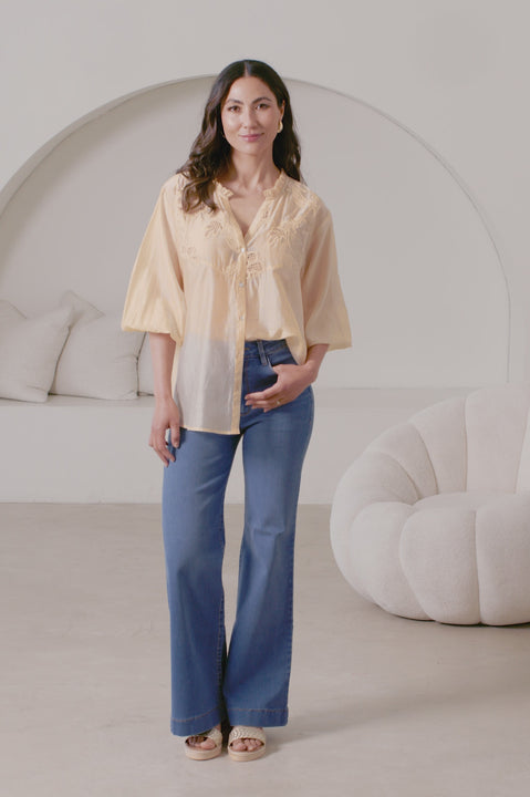 Aria Embroidered 3/4 Sleeve Top Butter Yellow product video by Carolina