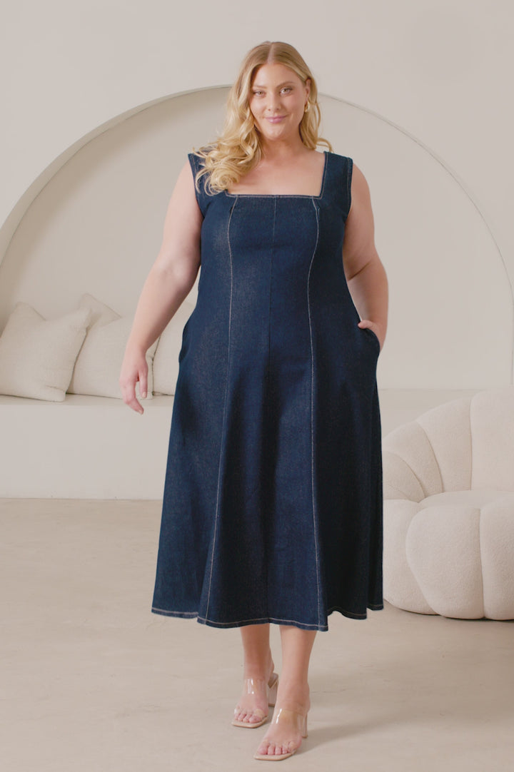 Julia Sleeveless Midi Dress in Denim product video by Carolina