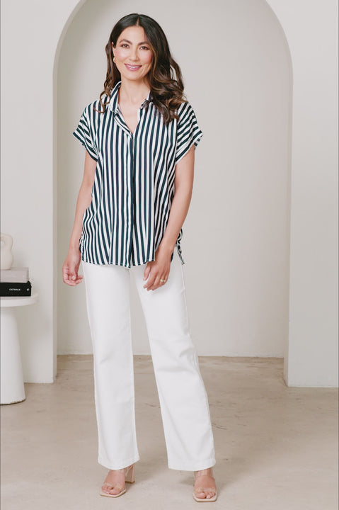 Francesca Short Sleeve Striped Collared Top Navy & White product video by Carolina