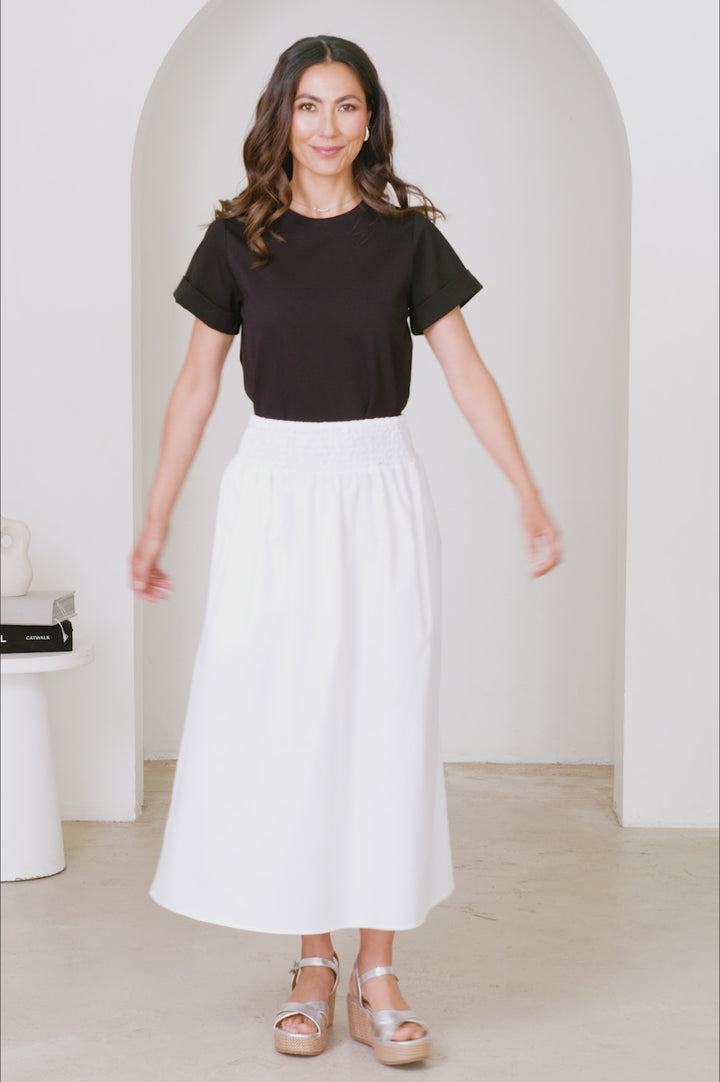 Brooke Smocked Waist Midi A-Line Skirt White product video by Carolina