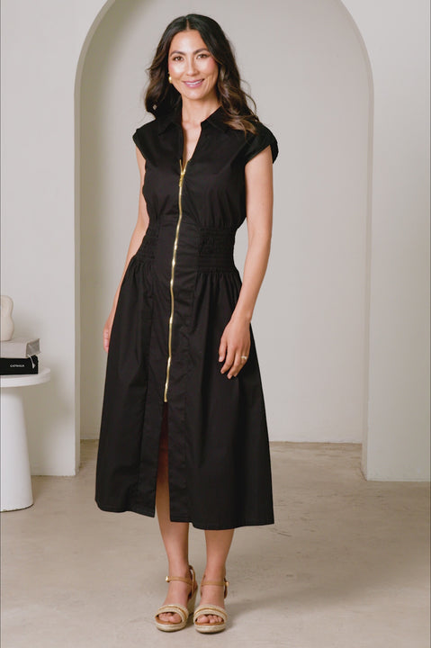 Laura Sleeveless Smocked Waist Zip Front Midi Dress Black product video by Carolina