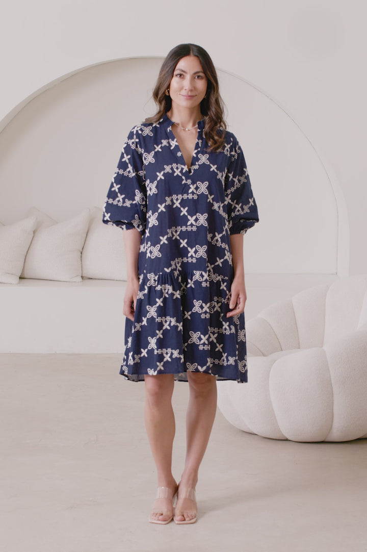 Valeria Embroidered Mid Sleeve Dress in Navy product video by Carolina