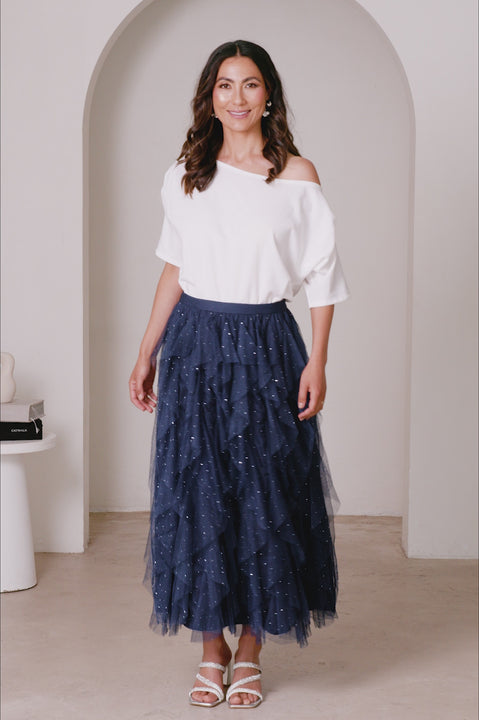 Isabella Asymmetrical Ruffle Tulle Maxi Skirt Navy product video by Carolina