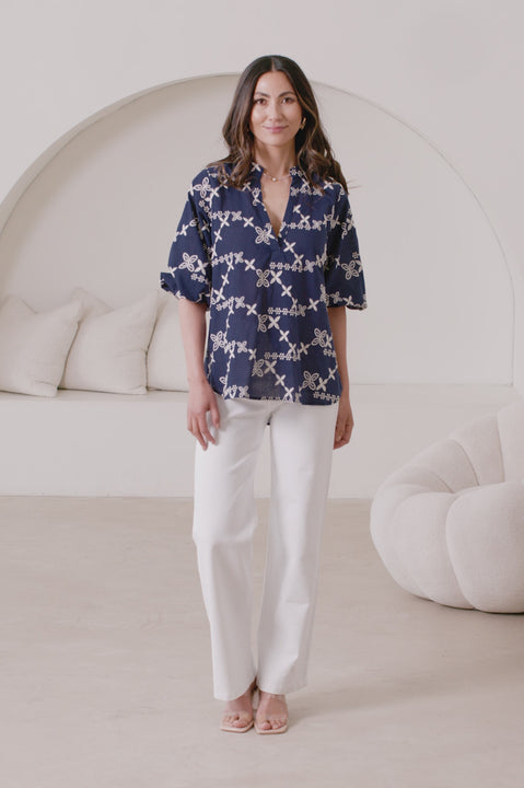 Valeria Embroidered 3/4 Sleeve Top in Navy product video by Carolina