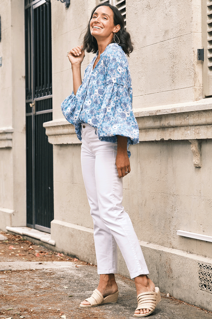 Dana Floral Long Sleeve Top Blue Tops