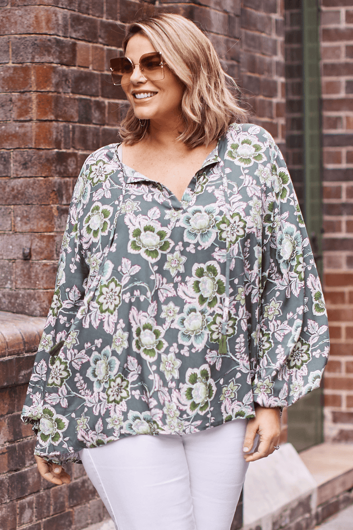 Harriet Floral Long Sleeve Top Olive Tops