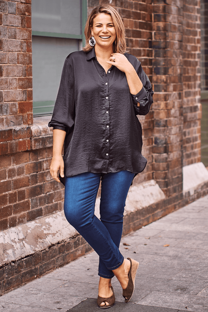 Briella Long Sleeve Collared Shirt Black Tops