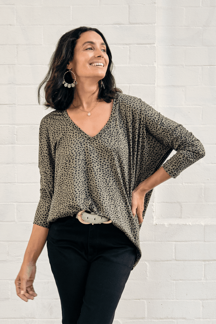 Erica Essential Long Sleeve Top Cheetah Olive Tops