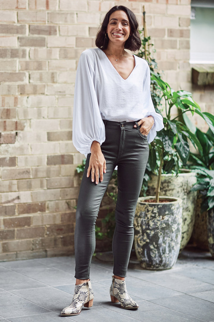 Amber Coated Skinny Jeans Olive Pants