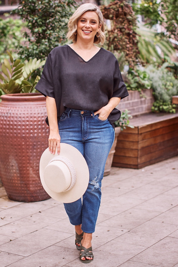 Jenna Pure Linen V-Neck Top Black Tops