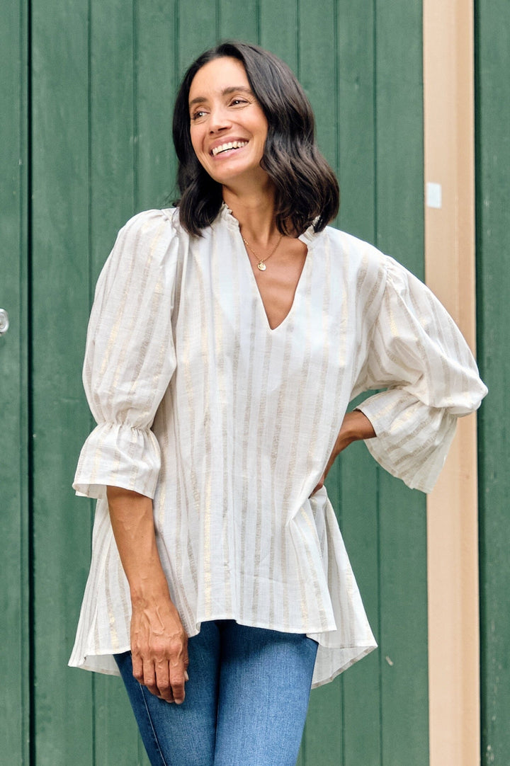 Alessandra Short Sleeve Top Ivory Stripe Tops