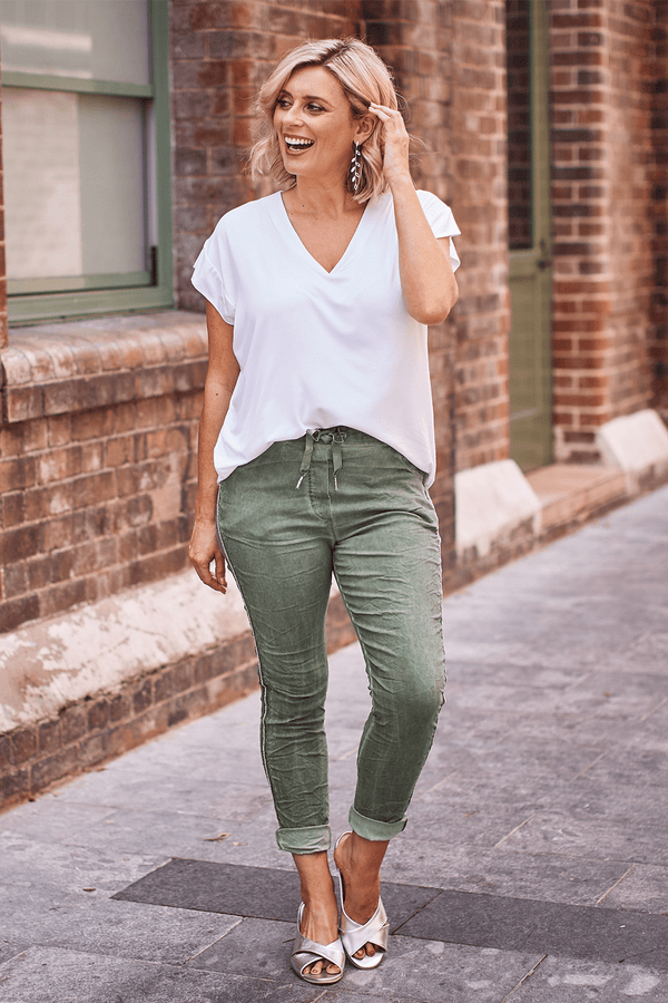 Rhinestone Side Stripe Crinkle Jogger Army Green Pants