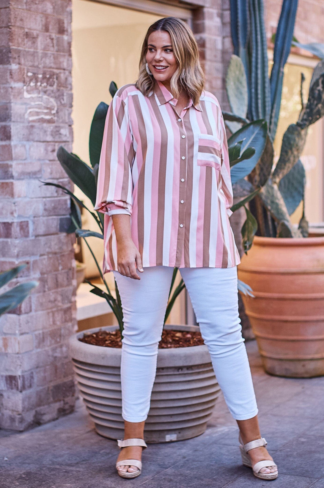 Heather Striped Collared Long Sleeve Shirt Tops