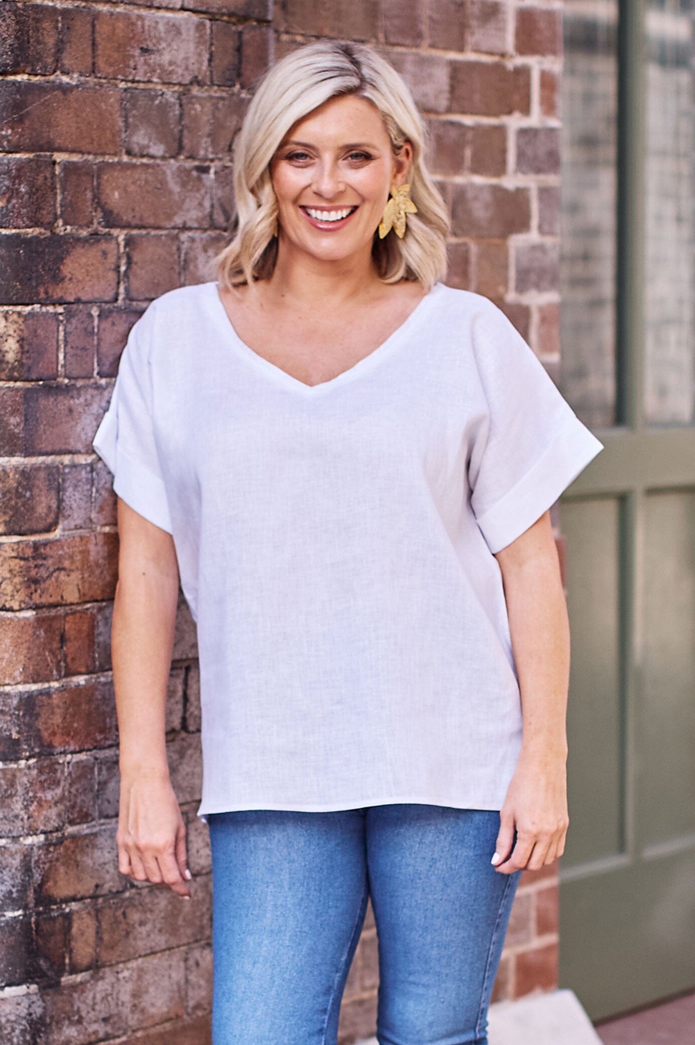 V-neck linen top with short sleeves, linen blouse popular for women, basic linen tee OAT