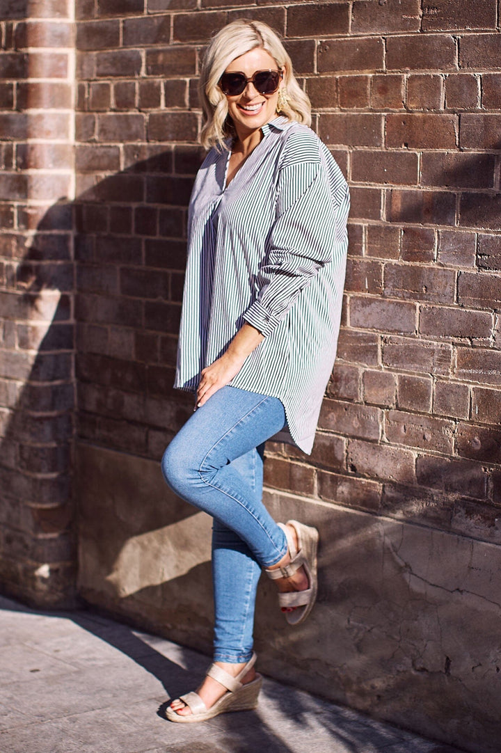 Lynette Collared Long Sleeve Shirt Striped Navy Tops