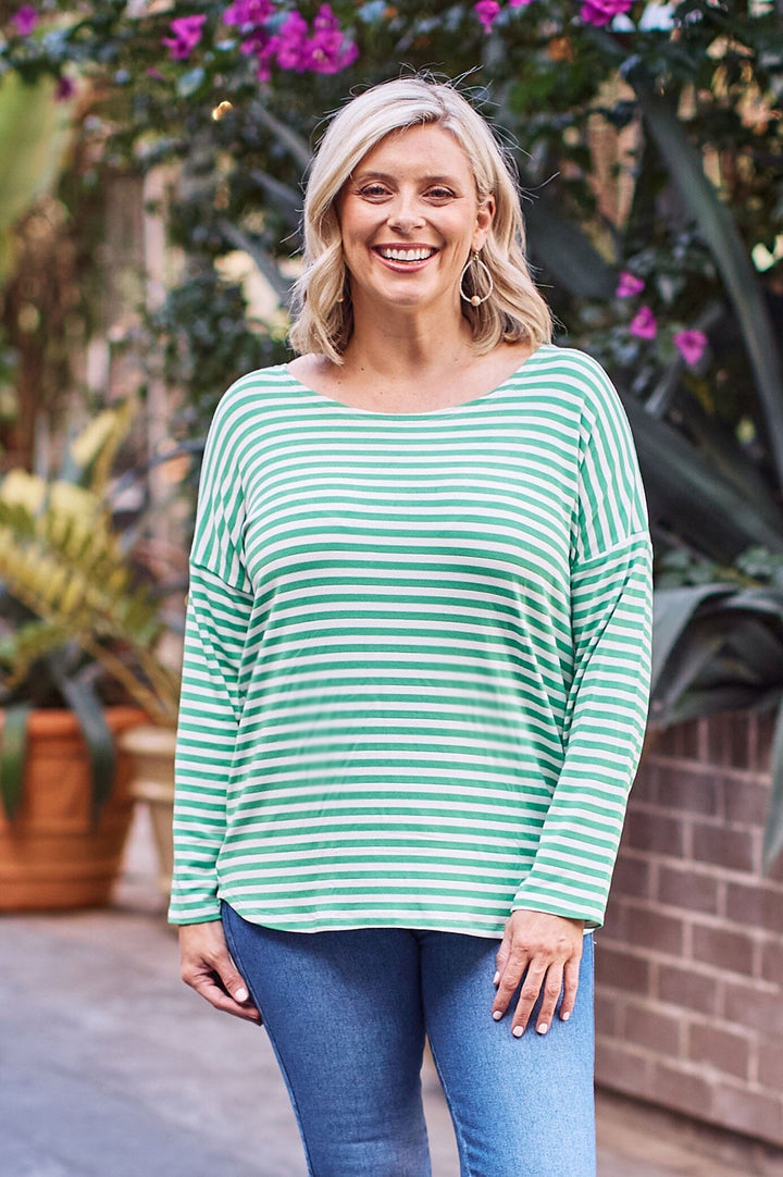 Erica Essential Top Round Neck Striped Emerald Tops