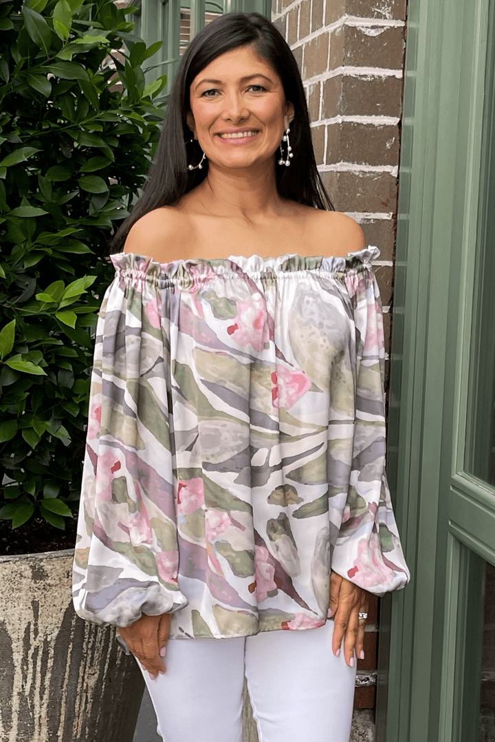 Xenia Off Shoulder Long Sleeve Top Serenity Print Tops