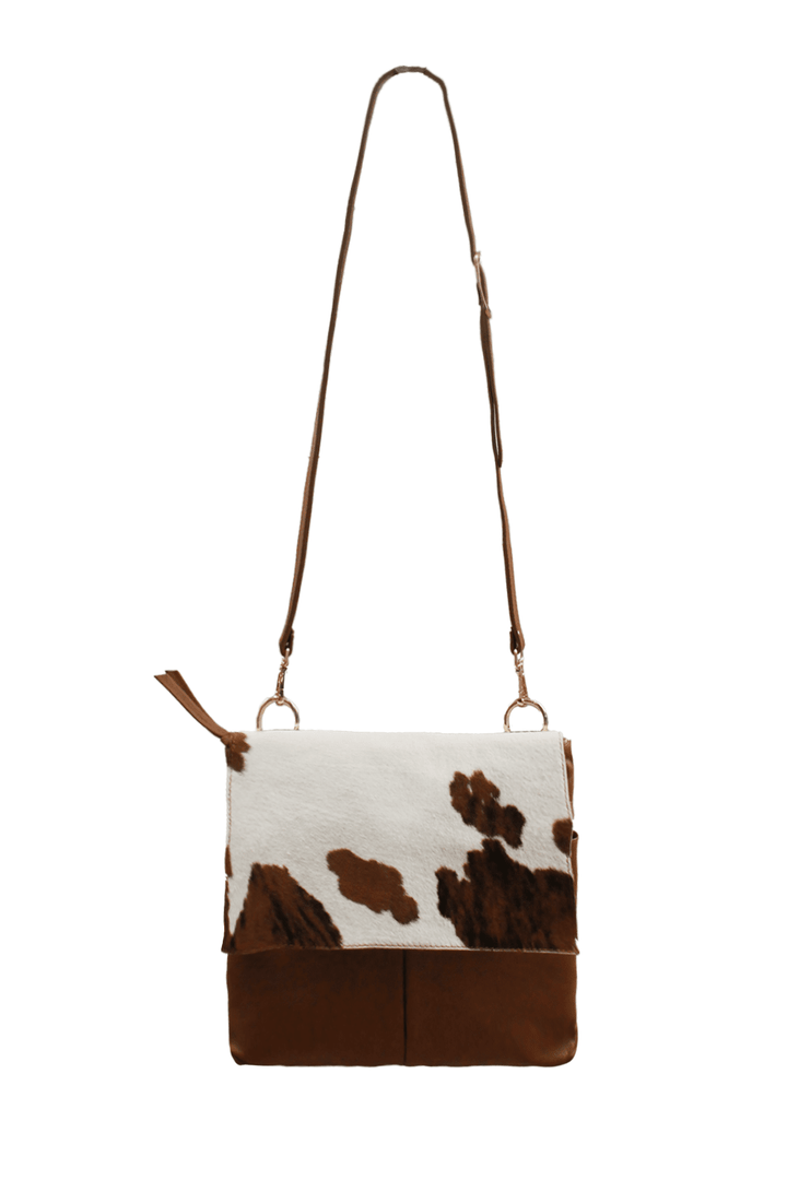 Barcelona Leather Handbag Tan and White Cowhide Leather